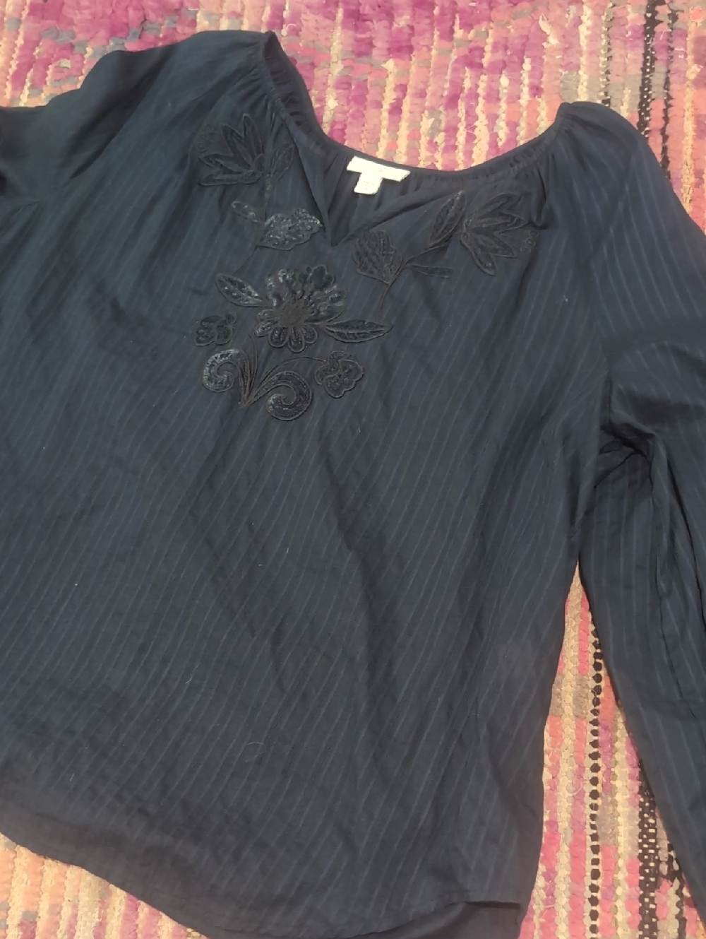 J. Jill Dark Blue Green Embroidered V-Neck Long-Sleeve Cotton Blouse